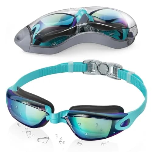 Aegend Swim Goggles, Cyan Aqua Mirrored Anti-Fog, Adult & Youth Fit | 180° Panoramic View thumbnail 1