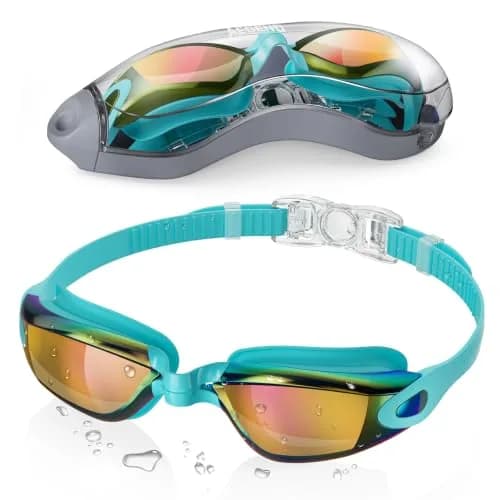 Aegend Adult & Youth Swim Goggles | Mirrored Cyan Red, 1-Pack thumbnail 1