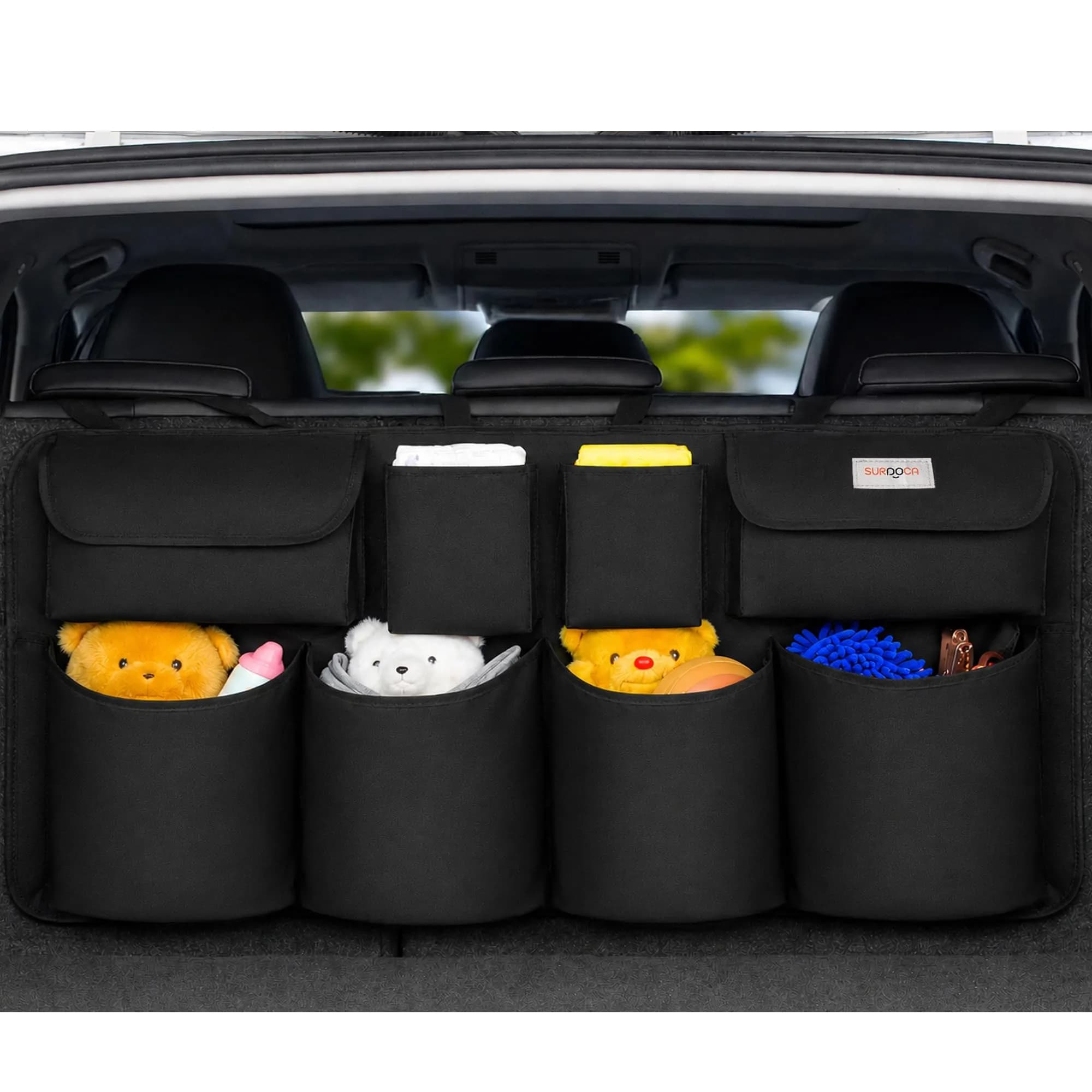 SURDOCA Large Capacity Car Trunk Organizer 110cm (43.3in) | Heavy Duty 600D Oxford Fabric with 8 Pockets — All Black