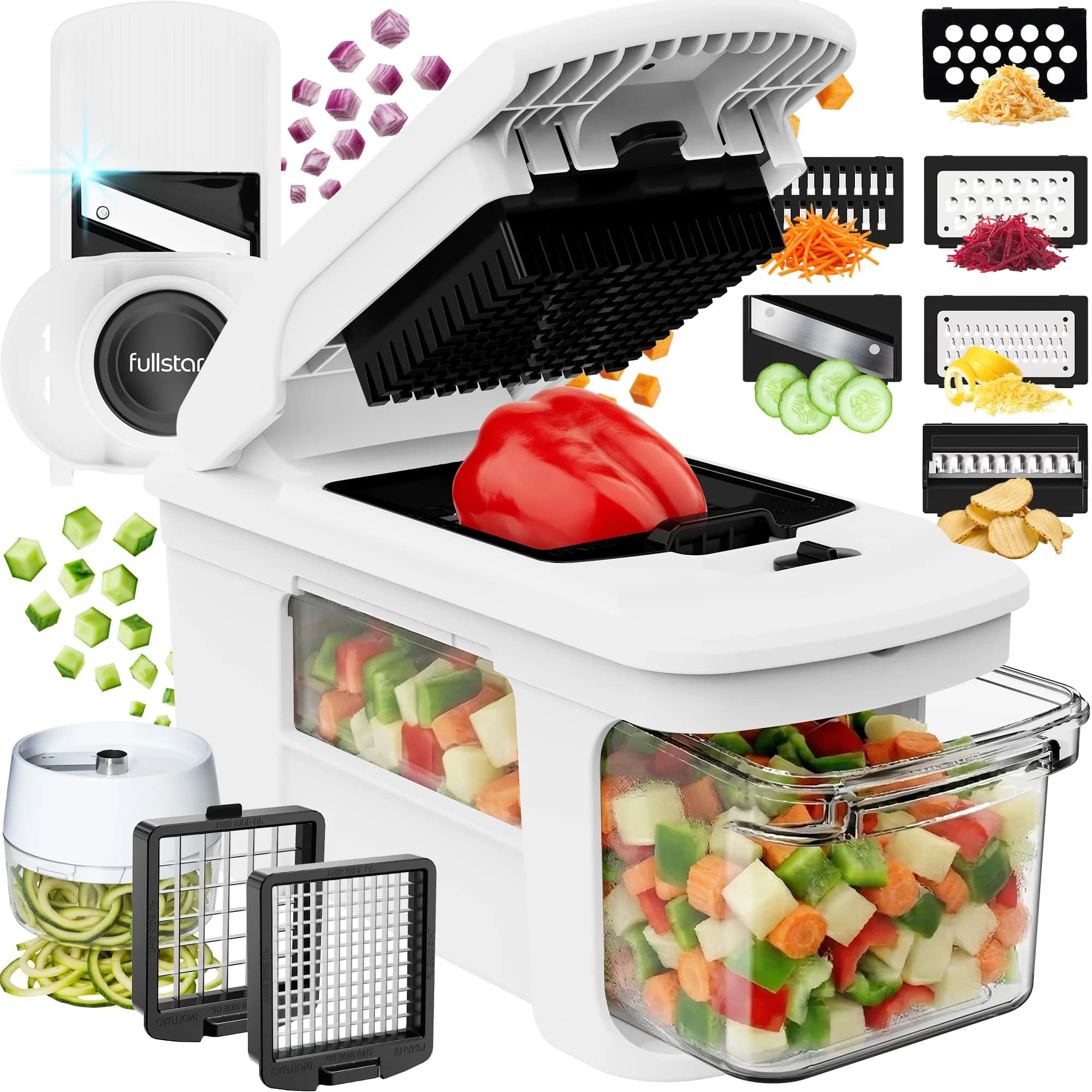 Fullstar Pro XL Vegetable Chopper & Mandoline Slicer 11-in-1 | 8 Stainless Steel Blades & Catch Tray