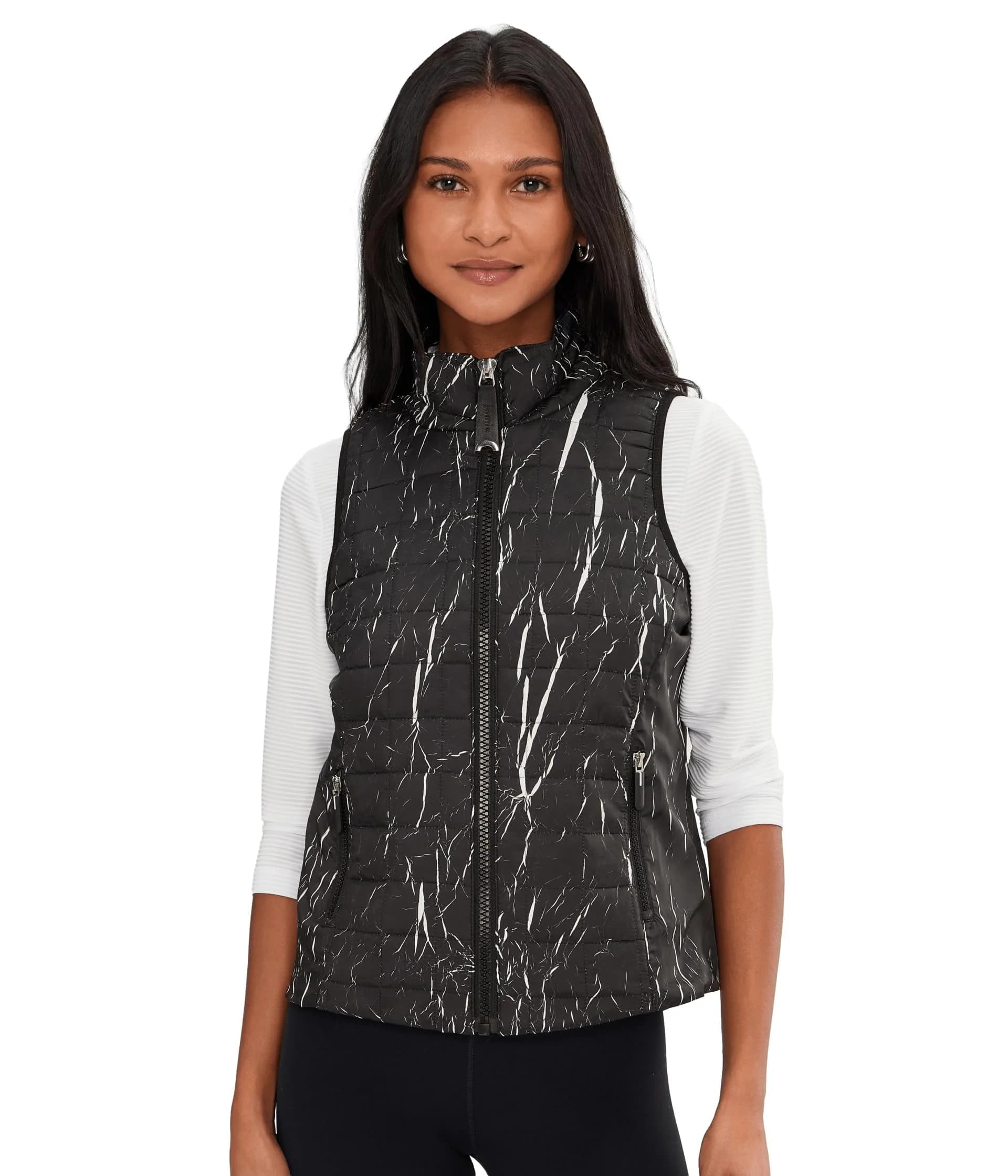 Jamie Sadock Women's Quilted Zip Front Vest Zippered Side Pockets Black Small | Modern Square Pattern, Sleeveless, Fall Style — Black