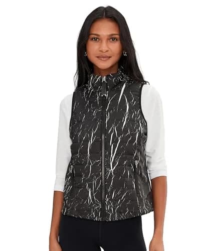 Jamie Sadock Women's Quilted Zip Front Vest Zippered Side Pockets Black Small | Modern Square Pattern, Sleeveless, Fall Style thumbnail 1