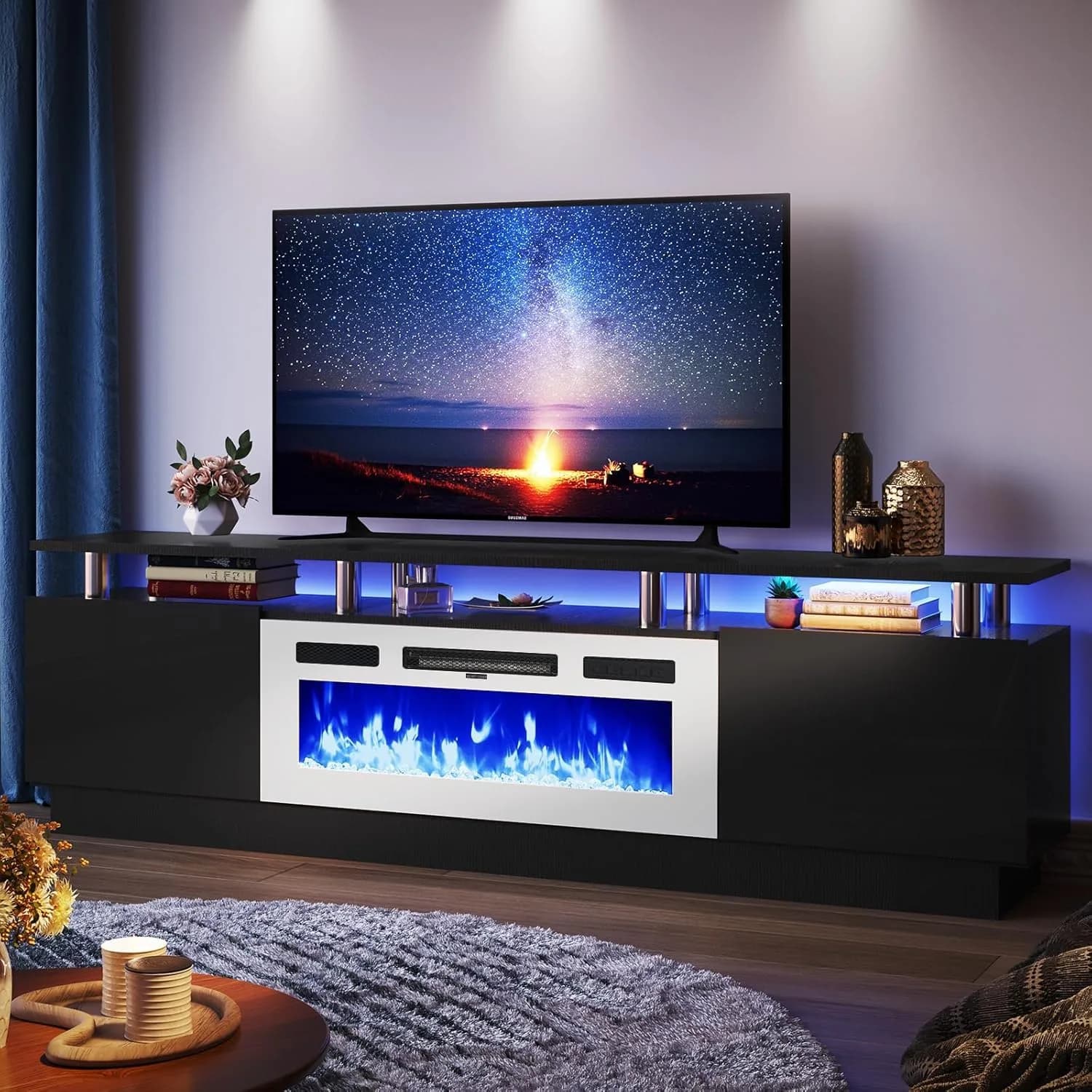YISUFO 80" Fireplace TV Stand with 36" Electric Fireplace | Modern High Gloss Entertainment Center — Black+white
