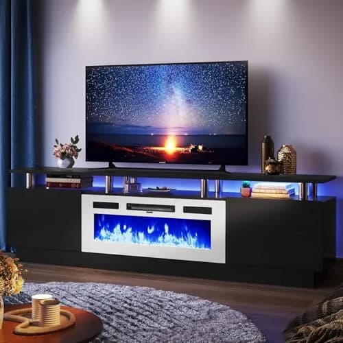 YISUFO 80" Fireplace TV Stand with 36" Electric Fireplace | Modern High Gloss Entertainment Center thumbnail 1