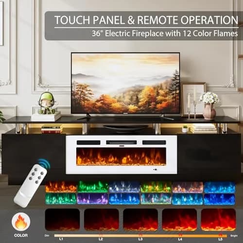 YISUFO 80" Fireplace TV Stand with 36" Electric Fireplace | Modern High Gloss Entertainment Center thumbnail 3