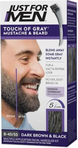 Just For Men Touch of Gray Mustache & Beard Coloring B-45/55 Dark Brown & Black, 30ml (1 fl oz) | Reduces Gray for a Salt & Pepper Look — Dark Brown-Black