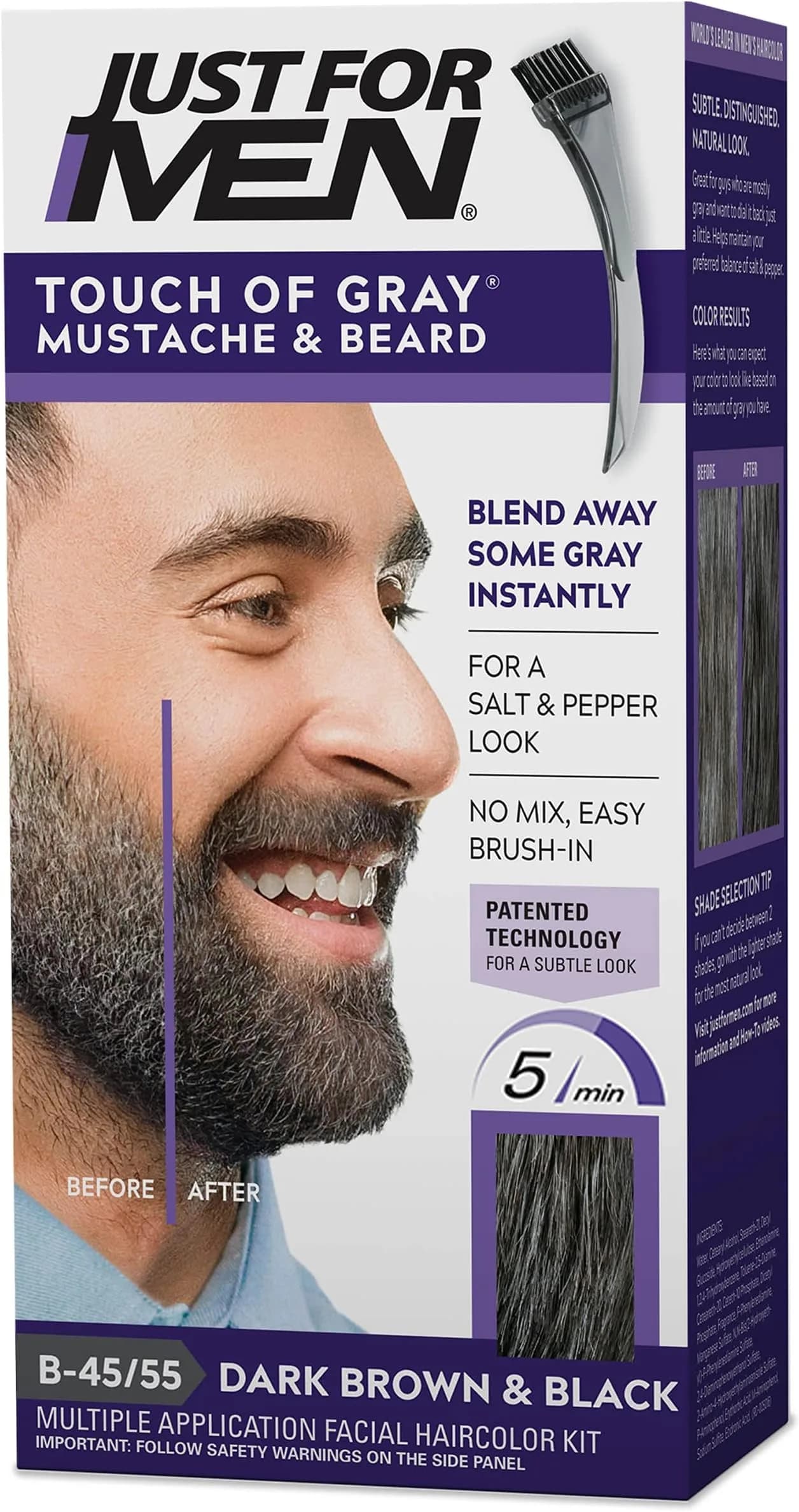 Just For Men Touch of Gray Mustache & Beard Coloring B-45/55 Dark Brown & Black, 30ml (1 fl oz) | Reduces Gray for a Salt & Pepper Look - main product image