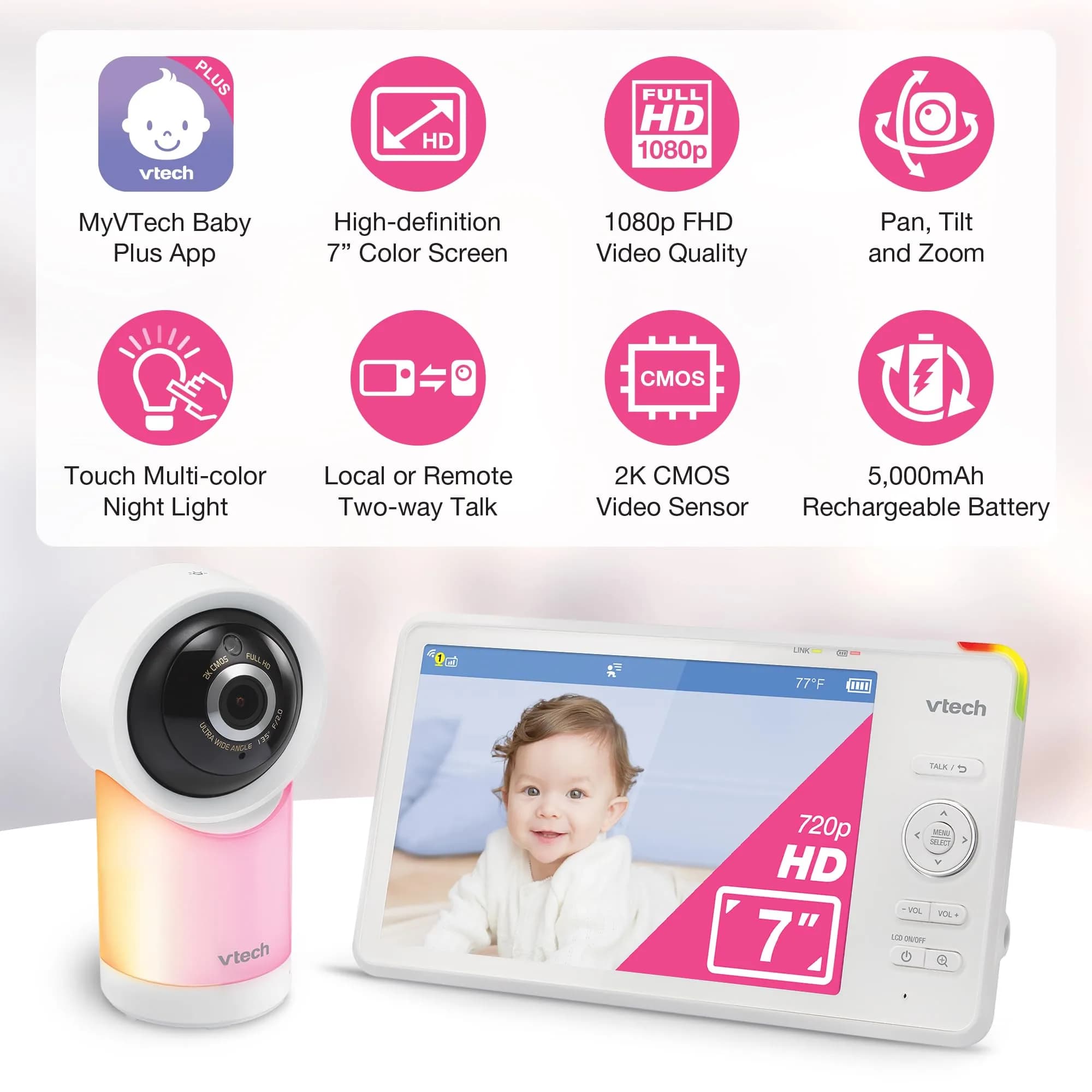 VTech Smart WiFi 7” HD Video Baby Monitor RM7866HD | Pan-Tilt-Zoom, 1080p App View, 2-Way Talk, Night Light - view 2