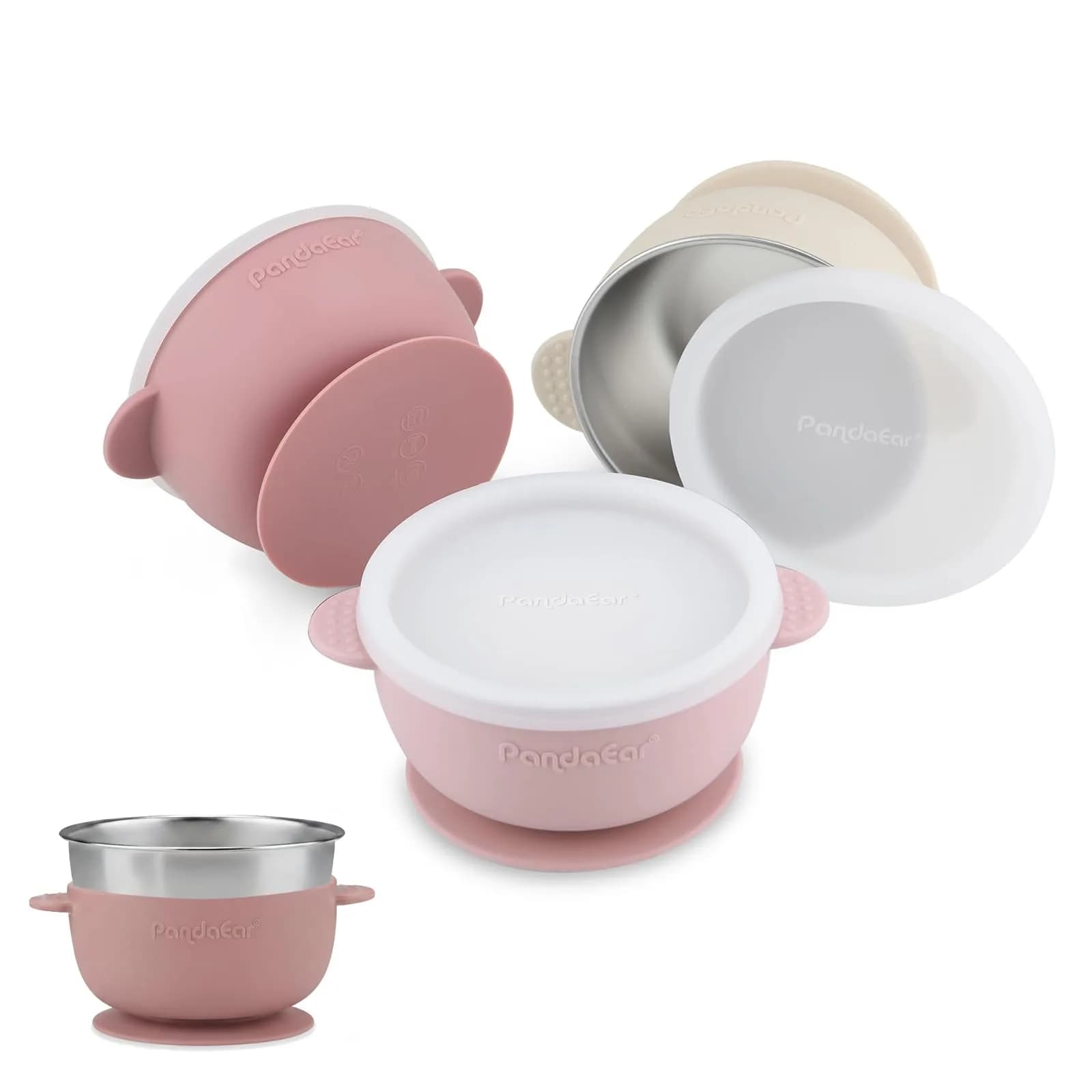 PandaEar 3 Pack Stainless Steel Baby Suction Bowls With Lids | Non-Slip, Shatterproof, Dishwasher Safe — Pink