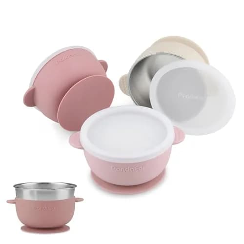 PandaEar 3 Pack Stainless Steel Baby Suction Bowls With Lids | Non-Slip, Shatterproof, Dishwasher Safe - main product image