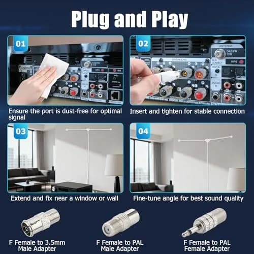 Ancable Indoor FM Radio Antenna for Stereo Receiver, 6-Foot Dipole with 3 Adapters | Enhanced FM Reception thumbnail 2