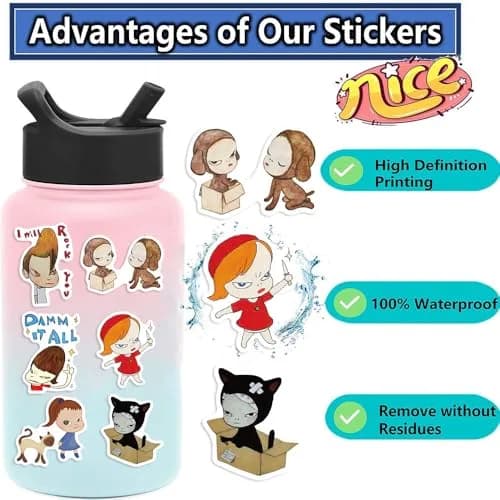 UBOFUGS Yoshitomo Nara Stickers Pack 50pcs | Waterproof Vinyl Decals for Water Bottle, Laptop, Phone, Skateboard, Scrapbooking, Kids Teens Adults Fans thumbnail 4