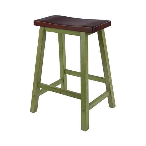 Winsome Satori Saddle Seat 24" Counter Stool Rustic Green Walnut Finish | Solid Wood Comfort thumbnail 1