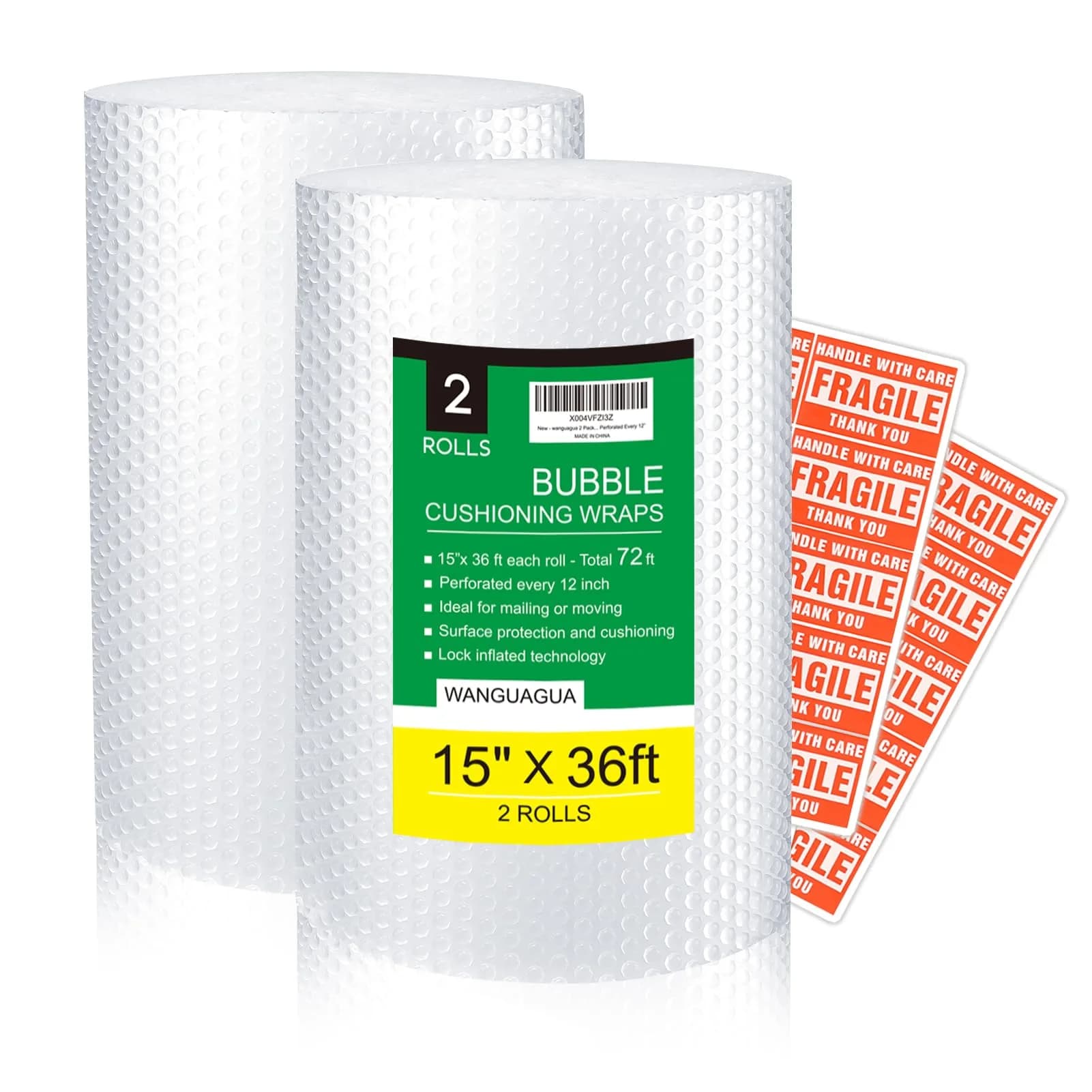wanguagua Bubble Packing Wrap Perforated 38.1cm (15 Inch) x 72 ft Total | ISO9001 Certified Reusable Cushioning - main product image