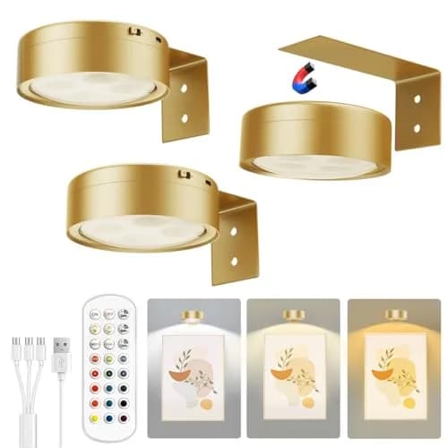 Xuolder Rechargeable Picture Light 3-Pack Gold | Magnetic LED Art Display Light with Remote, 300 Lumens, 3 Color Temps & 12 RGB Modes — Gold