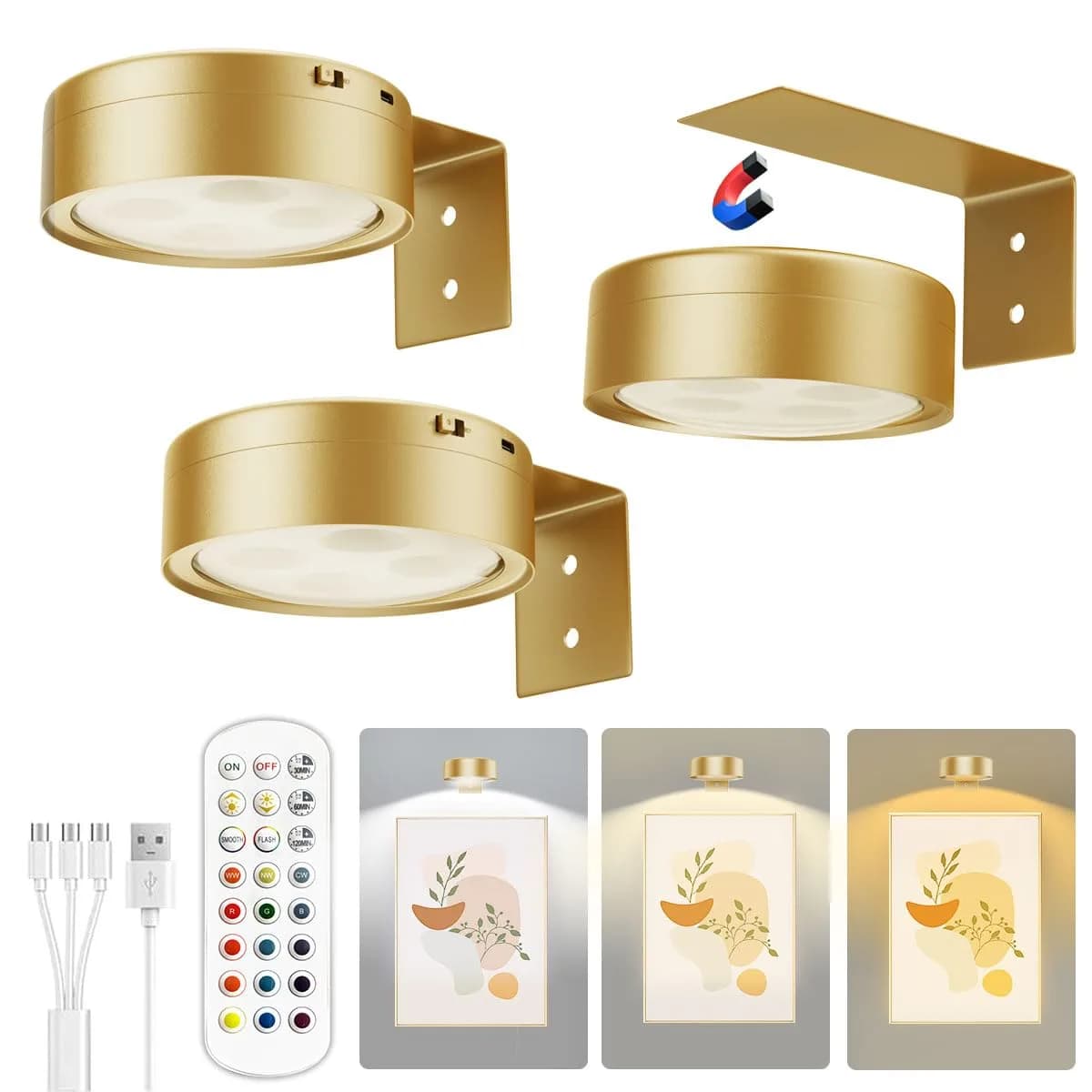 Xuolder Rechargeable Picture Light 3-Pack Gold | Magnetic LED Art Display Light with Remote, 300 Lumens, 3 Color Temps & 12 RGB Modes - main product image