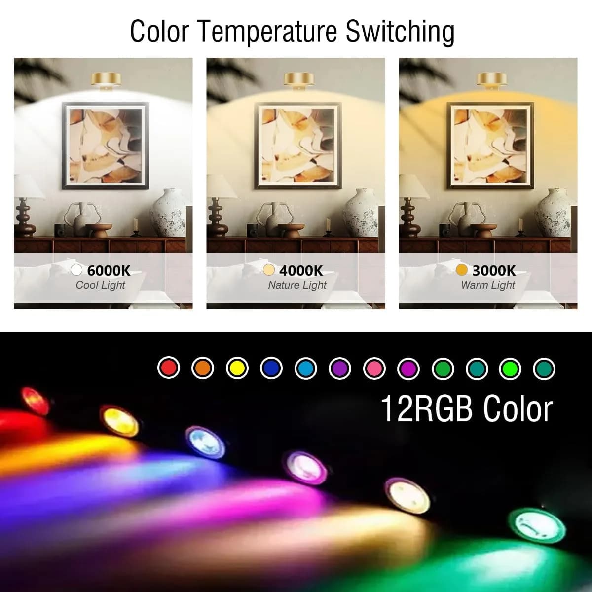 Xuolder Rechargeable Picture Light 3-Pack Gold | Magnetic LED Art Display Light with Remote, 300 Lumens, 3 Color Temps & 12 RGB Modes - view 2