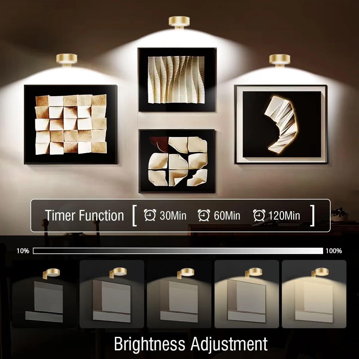 Xuolder Rechargeable Picture Light 3-Pack Gold | Magnetic LED Art Display Light with Remote, 300 Lumens, 3 Color Temps & 12 RGB Modes - view 3