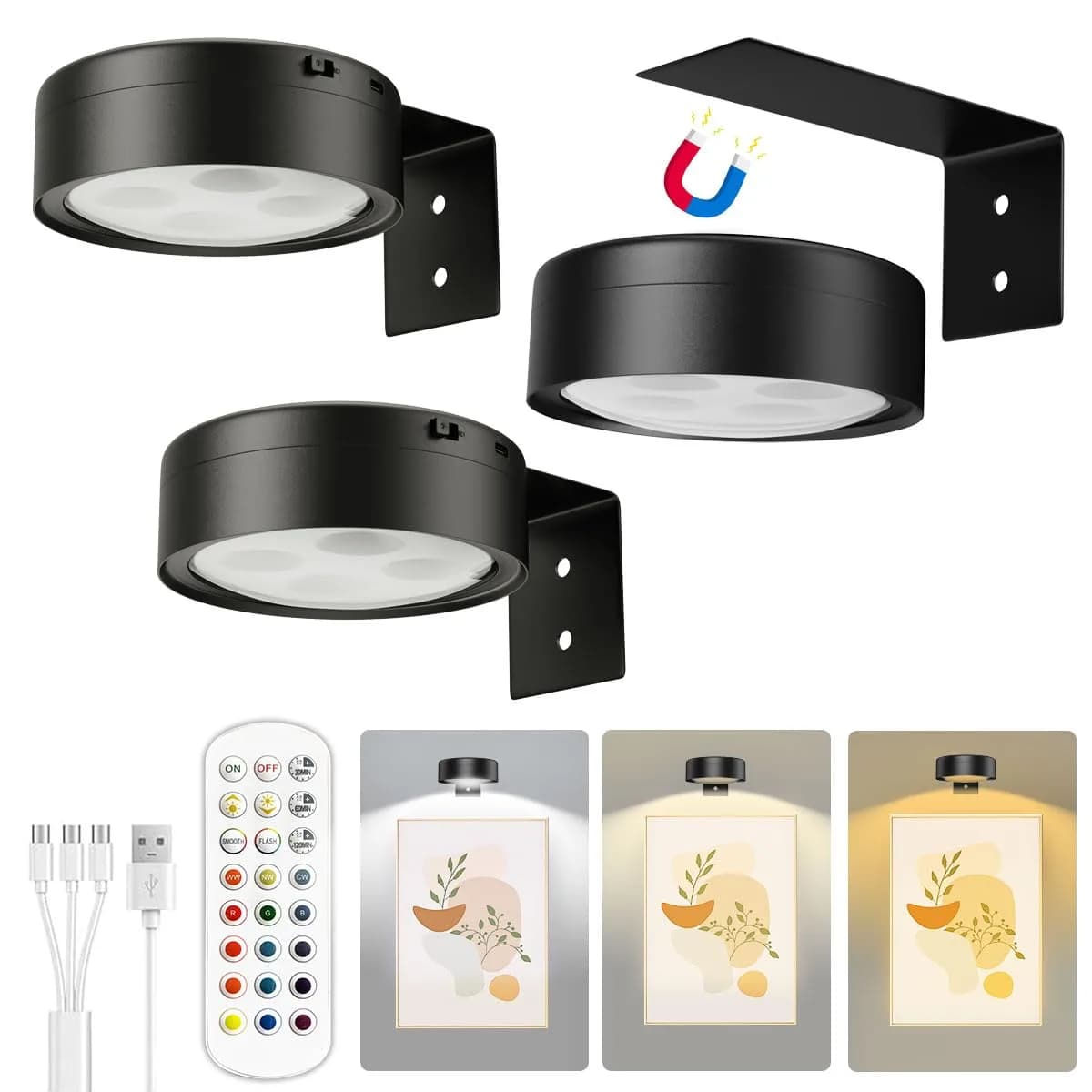 Xuolder Rechargeable Picture Light 3-Pack | Magnetic LED Art Display Light with Remote, 3 Color Temps & 12 RGB Modes - main product image