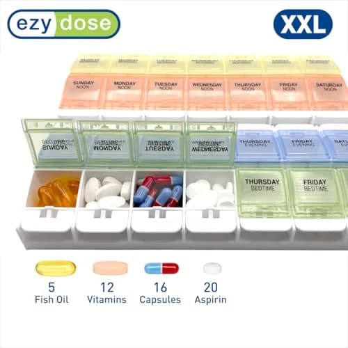 EZY DOSE Push Button Weekly 7-Day, 4X Per Day Pill Organizer, Pastel, 2XL | Large 28-Compartment Medication System thumbnail 3