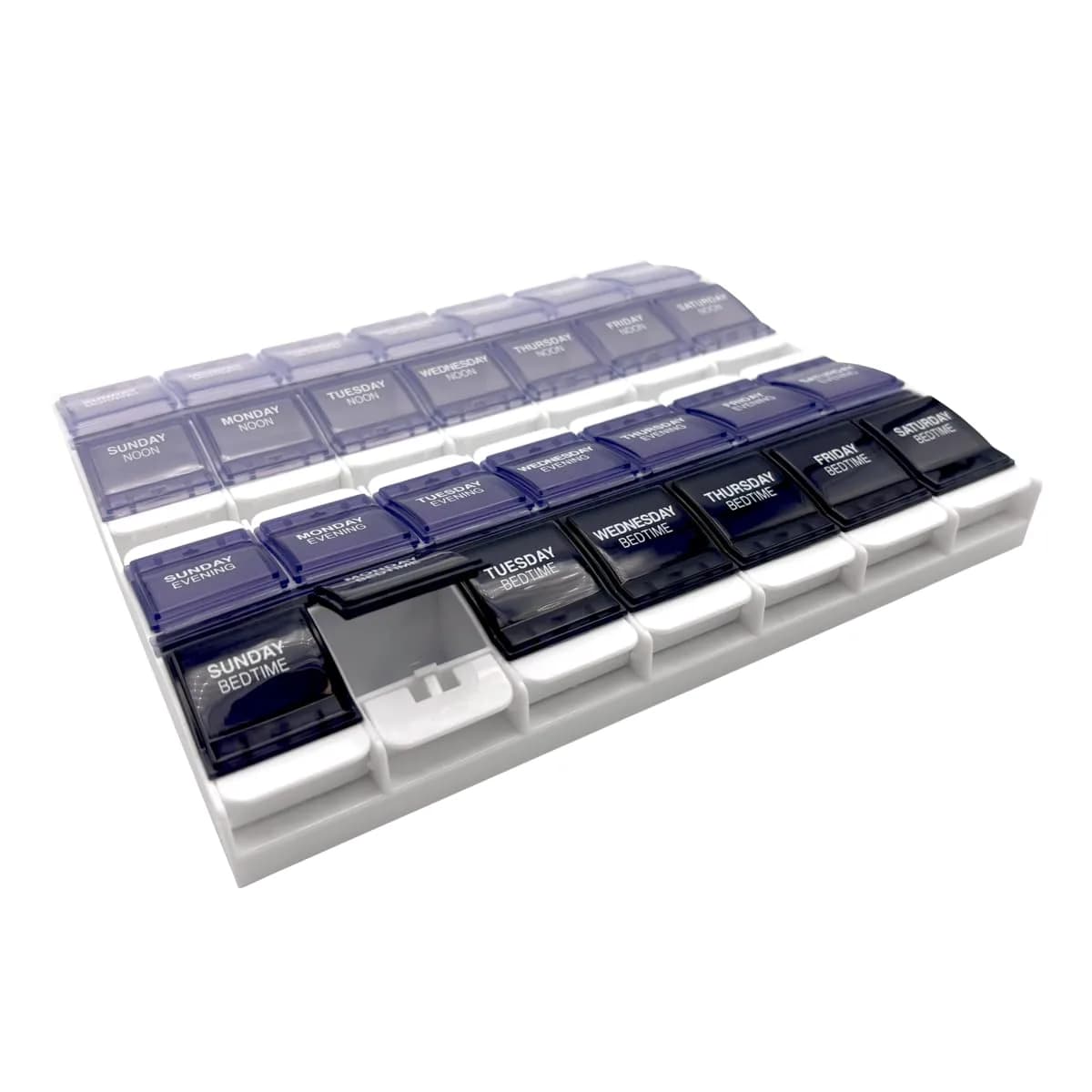 EZY DOSE Push Button Weekly 7-Day Pill Organizer 2XL | 28 Compartments for 4 Daily Doses — Grayscale