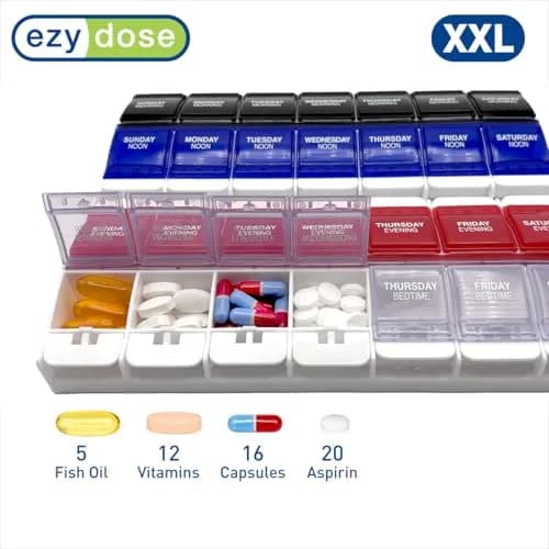EZY DOSE Weekly Pill Organizer 7-Day, 4X/Day, 2XL | Push Button, Large Compartments, Travel Friendly thumbnail 3