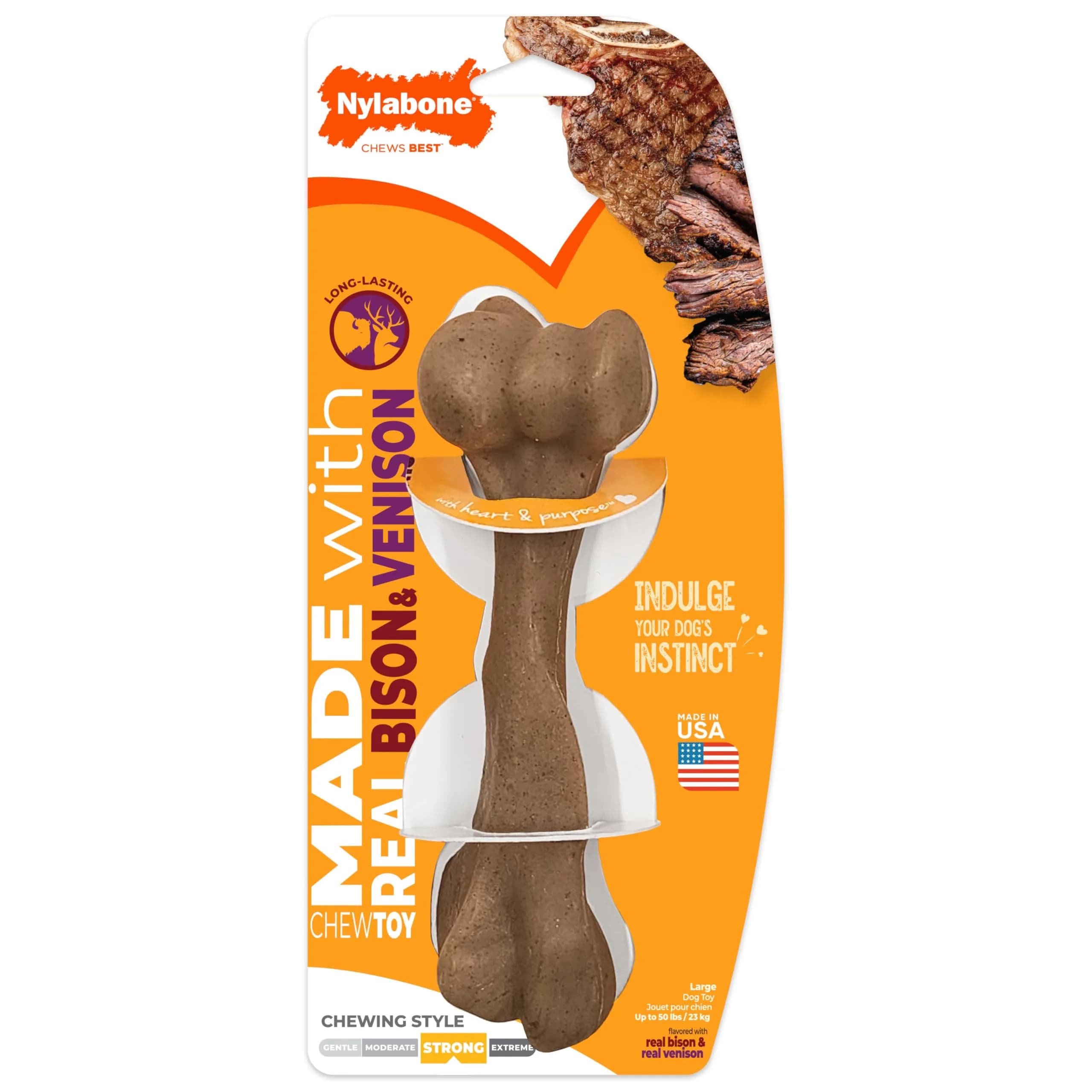 Nylabone Strong Chew Femur Bone Dog Toy with Real Bison & Venison Flavor, Large 4.5" (11.4 cm) — Femur Bone