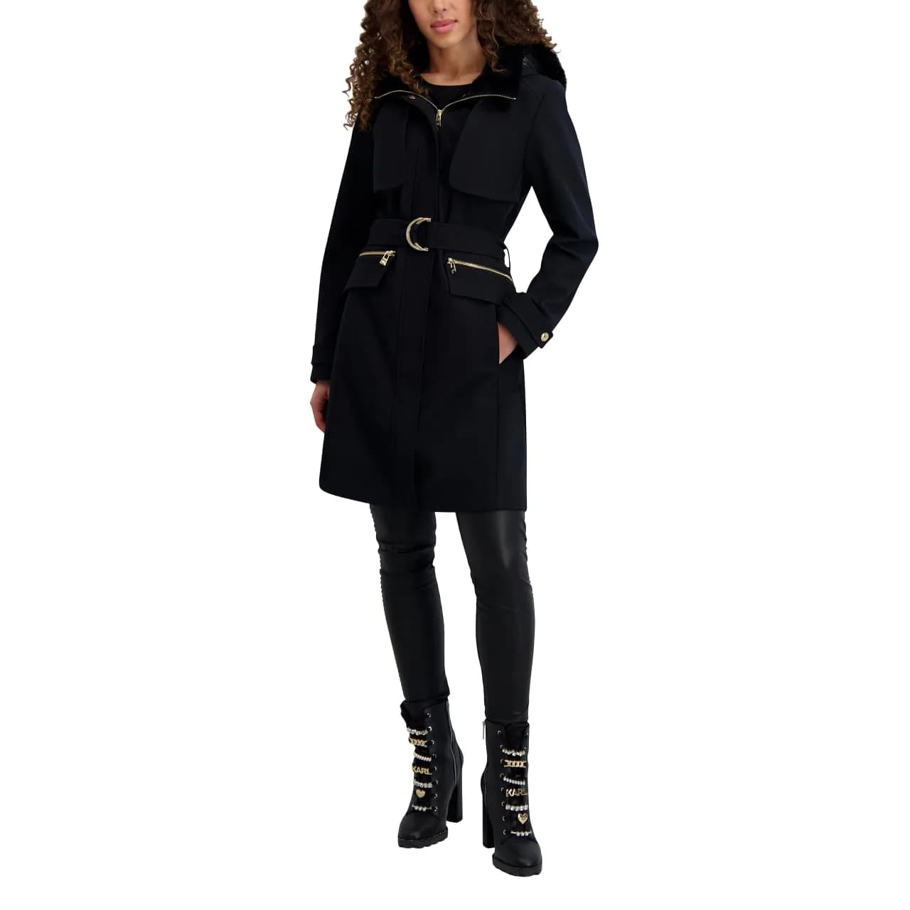 KARL LAGERFELD Paris Women's Zip Front Jacket with Fur Trim Hood Black, X-Small | Versatile Fall & Winter Coat for Women