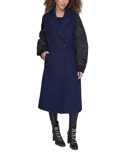 KARL LAGERFELD Paris Women's Long Wool Mix Media Double Breasted Jacket Navy, XX-Large | Timeless Warmth & Style thumbnail 1