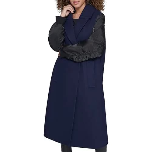 KARL LAGERFELD Paris Women's Long Wool Mix Media Double Breasted Jacket Navy, XX-Large | Timeless Warmth & Style thumbnail 3