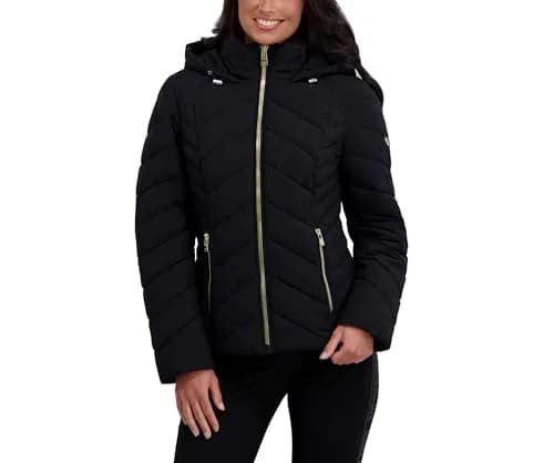 KARL LAGERFELD Paris Women's Chevron Lightweight Puffer, Black, Small | Stylish lightweight warmth for transitional weather thumbnail 2