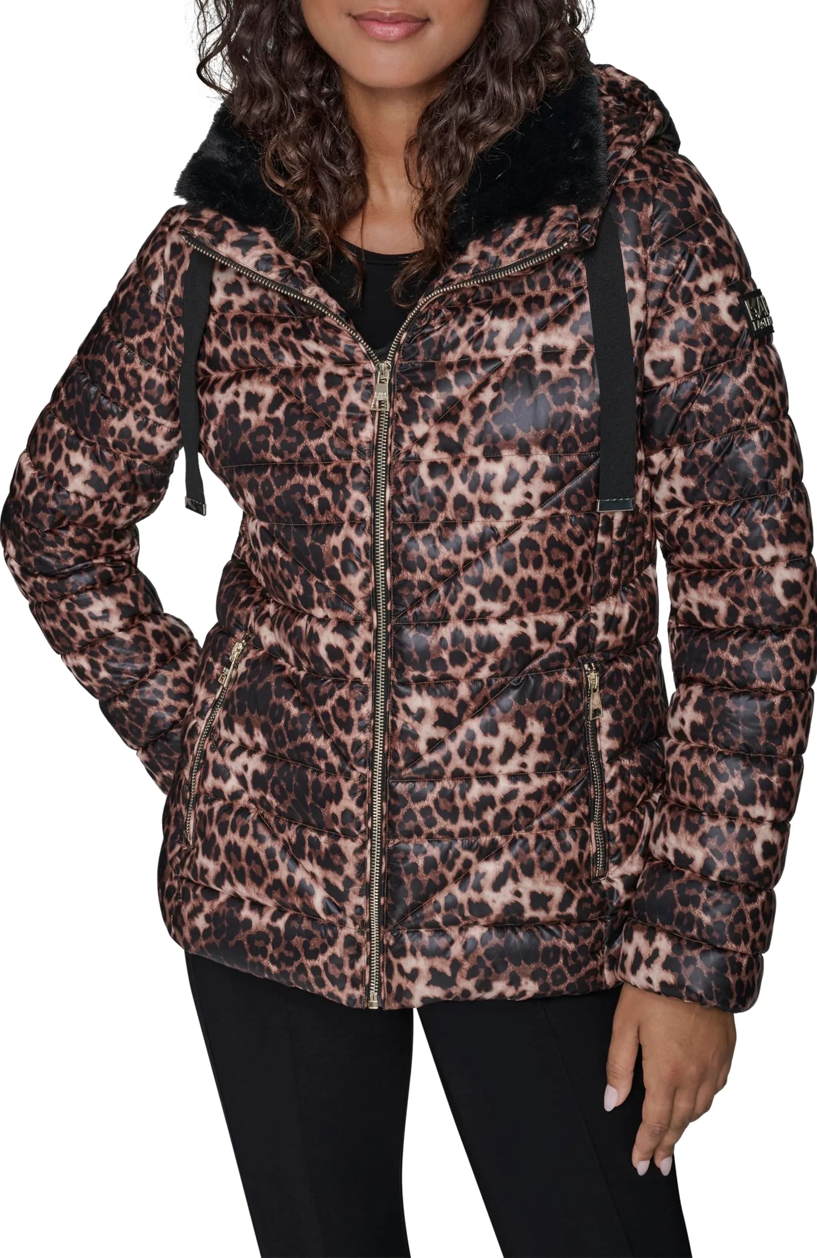 KARL LAGERFELD Paris Women's Zip Front Double Collar Leopard Jacket | Versatile, Warm & Stylish — Leopard