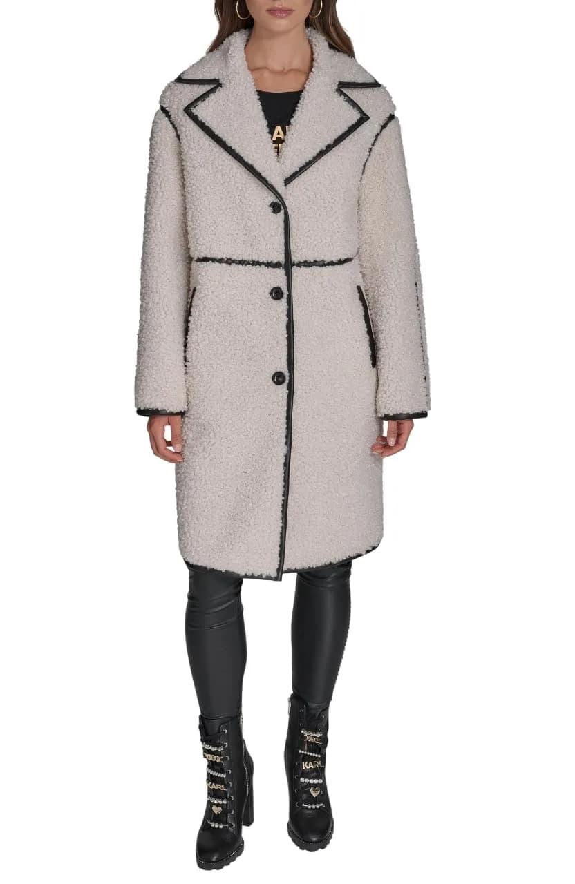 KARL LAGERFELD Paris Women's Long Faux Shearling Jacket, Black, Large | Cozy Warmth & Parisian Style — Ivory