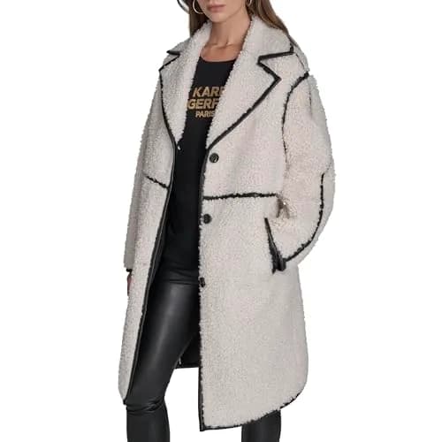 KARL LAGERFELD Paris Women's Long Faux Shearling Jacket, Ivory, Small | Cozy winter staple with Parisian style thumbnail 4