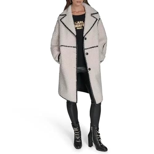 KARL LAGERFELD Paris Women's Long Faux Shearling Jacket, Ivory, Small | Cozy winter staple with Parisian style thumbnail 5