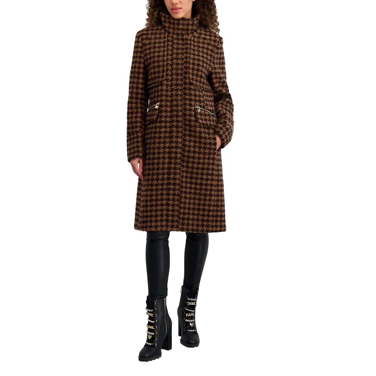 KARL LAGERFELD Paris Women's Houndscheck Zip Front Walker Jacket Brown Multi | Wool Blend, Fall, Windproof, Imported - main product image