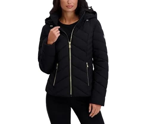 KARL LAGERFELD Paris Women's Chevron Lightweight Puffer, Black, X-Small | Stylish lightweight warmth for transitional weather thumbnail 1