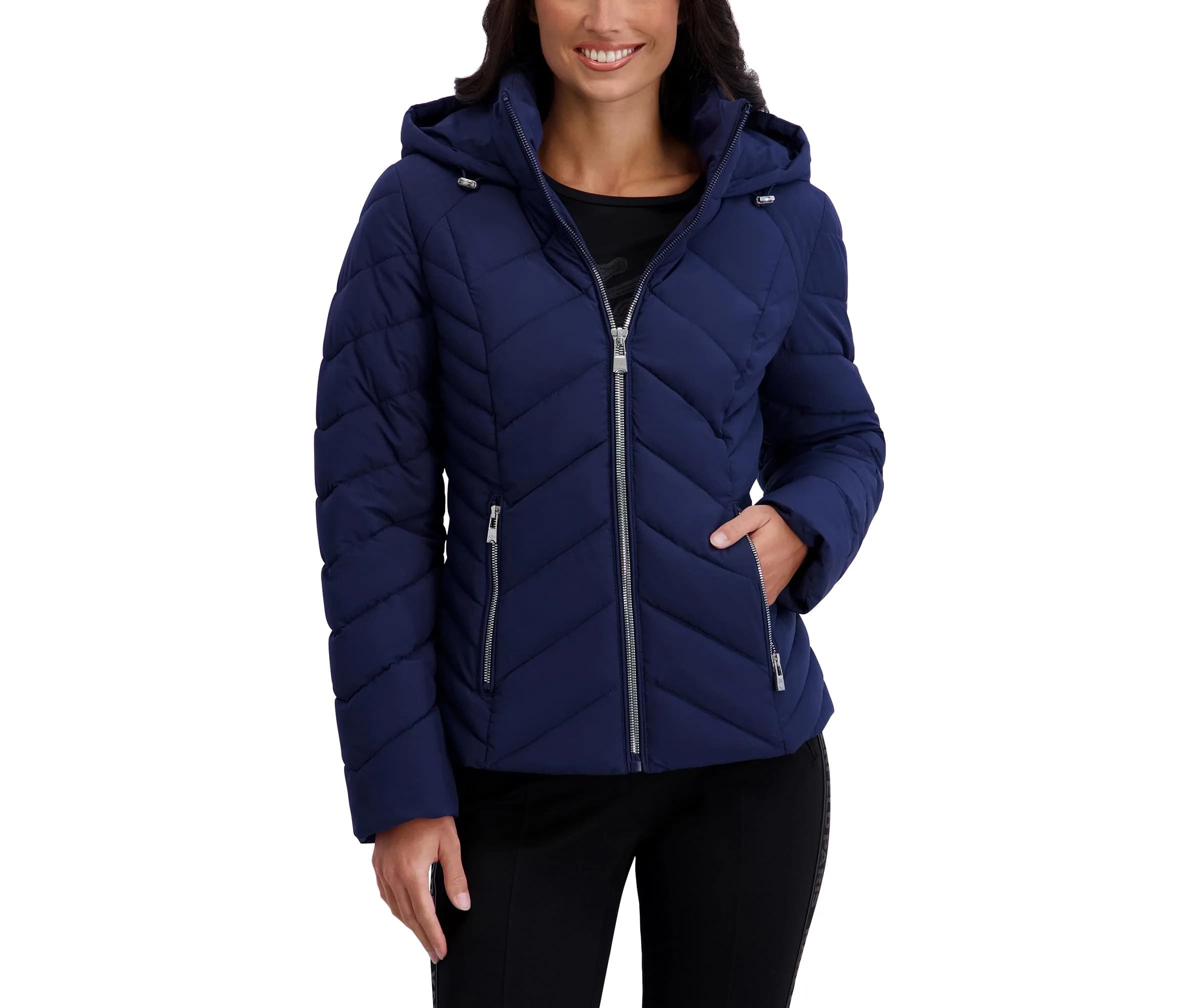 KARL LAGERFELD Paris Women's Chevron Lightweight Puffer Navy Medium | Stylish, Warm & Compact — Navy