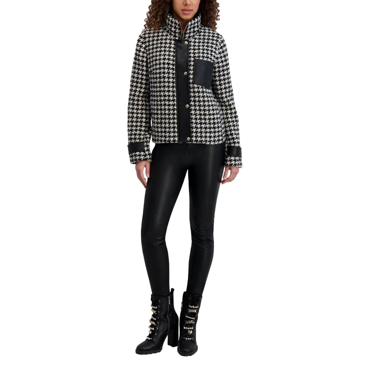 KARL LAGERFELD Paris Women's Houndstooth Short Jacket with Faux Leather Trim Black/White | Versatile Fall-Winter Style - main product image