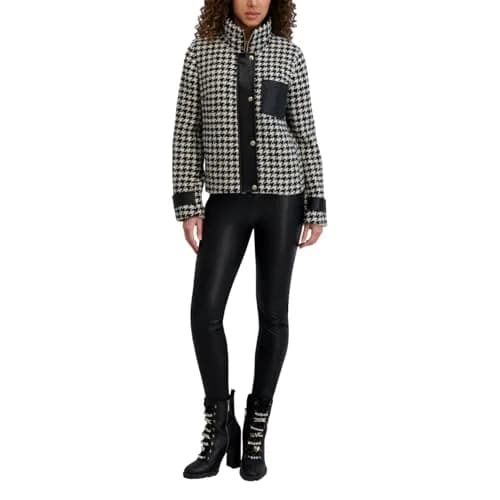 KARL LAGERFELD Paris Women's Houndstooth Short Jacket with Faux Leather Trim Black/White | Versatile Fall-Winter Style thumbnail 1