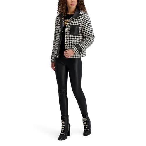 KARL LAGERFELD Paris Women's Houndstooth Short Jacket with Faux Leather Trim Black/White | Versatile Fall-Winter Style thumbnail 2