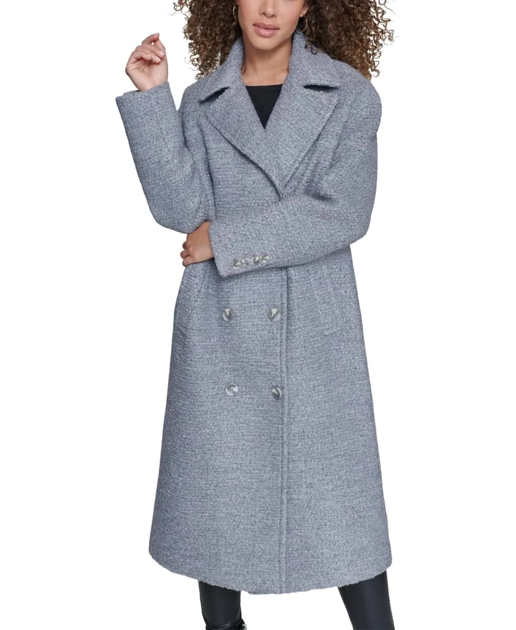 KARL LAGERFELD Paris Women's Classic Long Double Breasted Wool Peacoat Grey | Timeless Style & Warmth