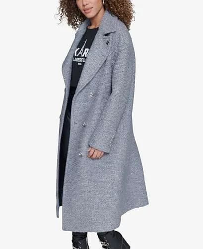 KARL LAGERFELD Paris Women's Classic Long Double Breasted Wool Peacoat Grey | Timeless Style & Warmth thumbnail 3