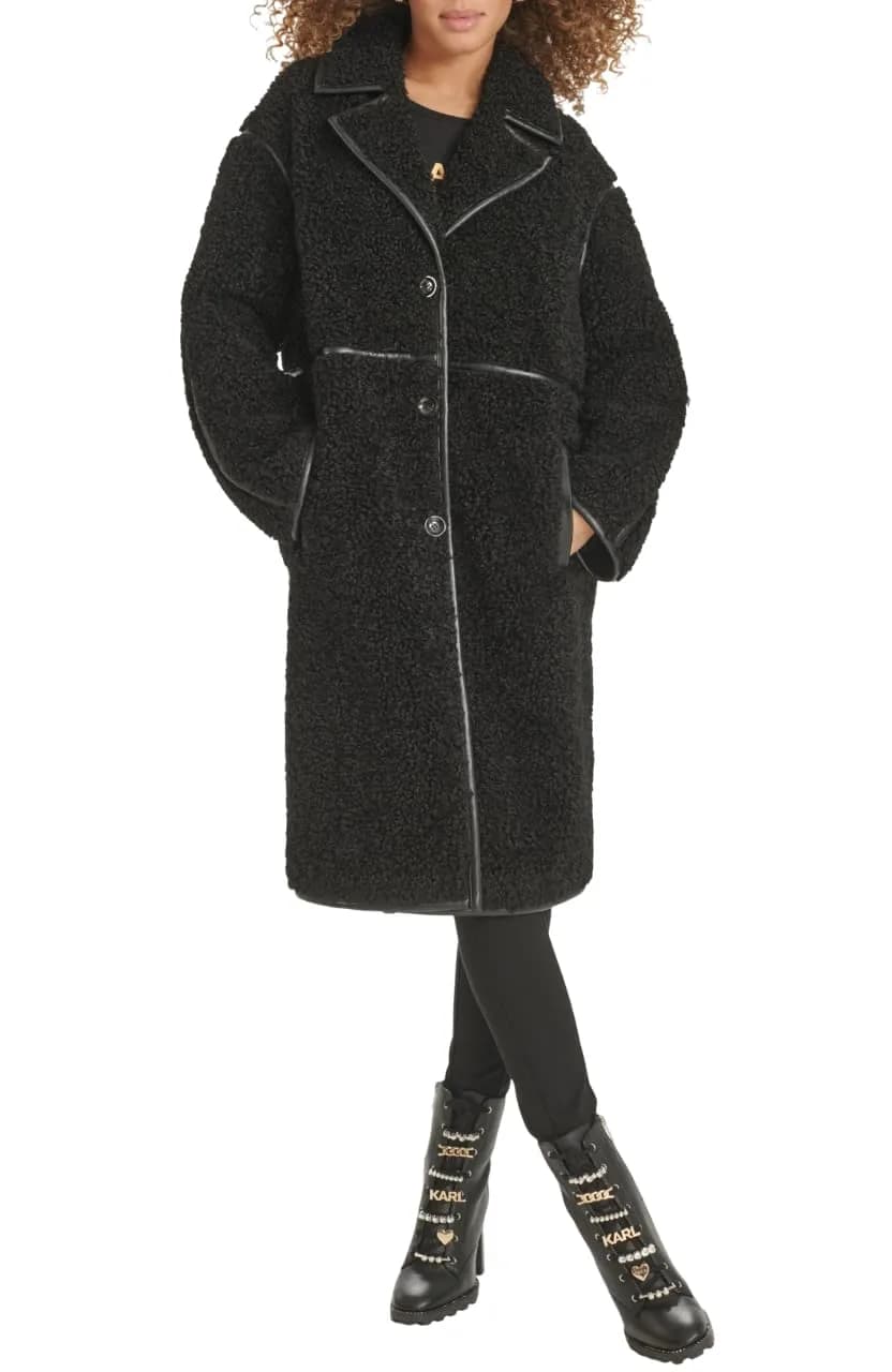 KARL LAGERFELD Paris Women's Long Faux Shearling Jacket, Black, Large | Cozy Warmth & Parisian Style