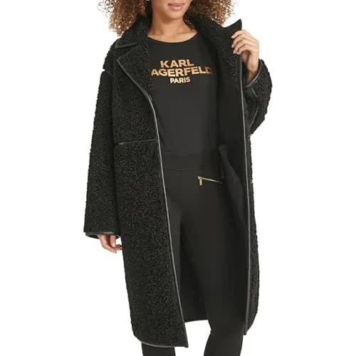 KARL LAGERFELD Paris Women's Long Faux Shearling Jacket, Black, Large | Cozy Warmth & Parisian Style thumbnail 4