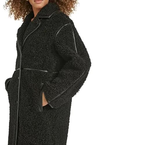KARL LAGERFELD Paris Women's Long Faux Shearling Jacket, Black, Large | Cozy Warmth & Parisian Style thumbnail 2