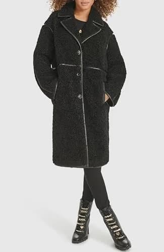 KARL LAGERFELD Paris Women's Long Faux Shearling Jacket, Black, Large | Cozy Warmth & Parisian Style thumbnail 3