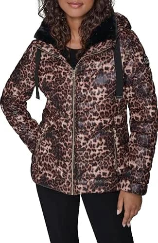 KARL LAGERFELD Paris Women's Zip Front Double Collar Jacket Leopard, Large | Versatile Fall & Winter Coat for Women thumbnail 1