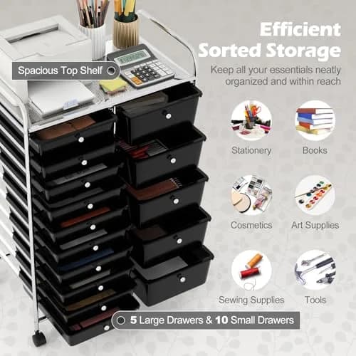 RELAX4LIFE 15-Drawer Rolling Storage Cart | Lockable Wheels & Removable Drawers for Home & Office thumbnail 4