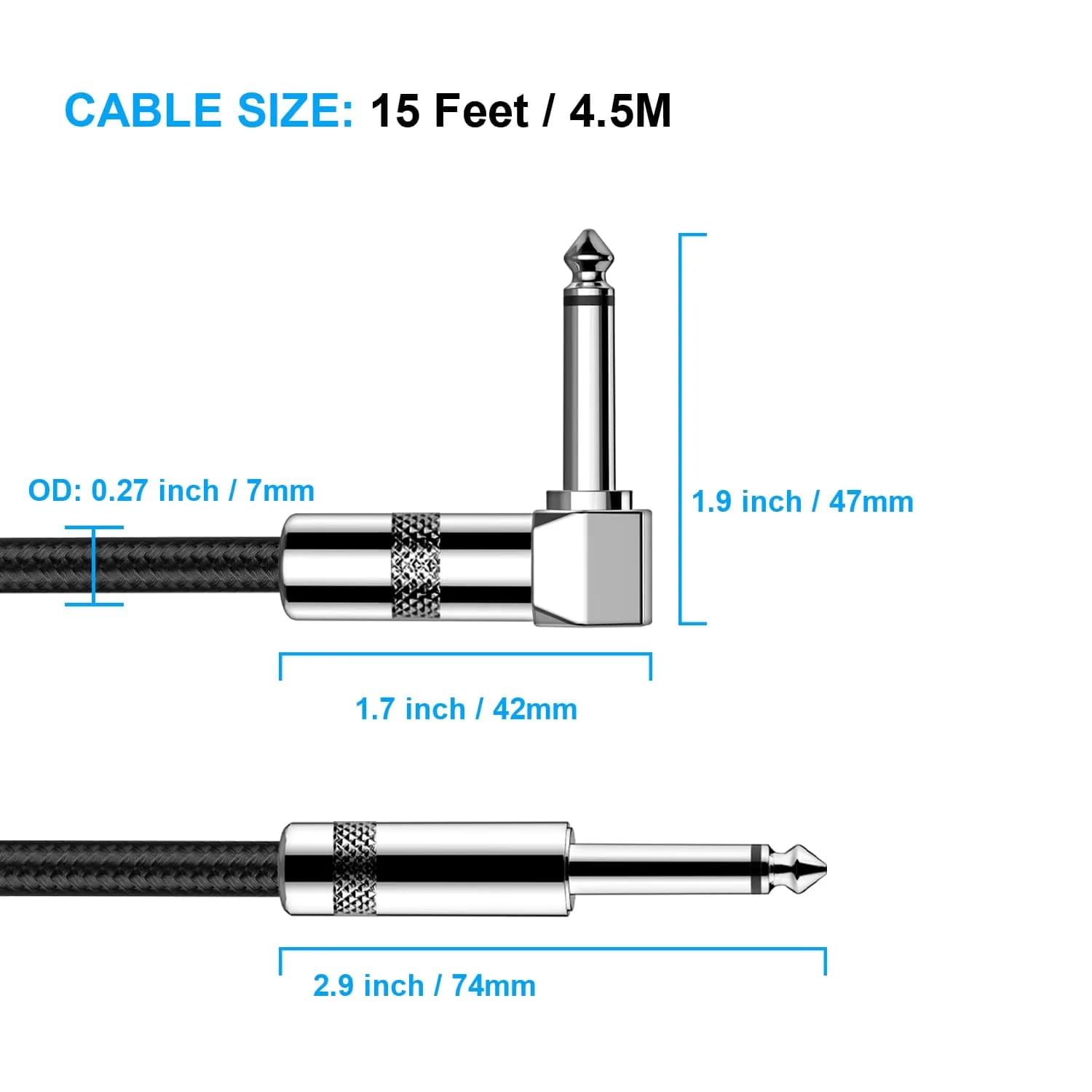 New Bee 15ft Black Right Angle Guitar Cable for Electric Instruments - view 2
